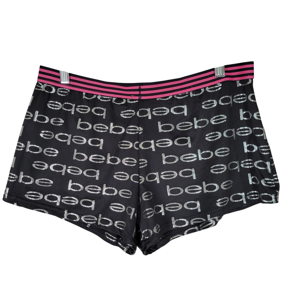 Bebe Sleepwear Shorts Large Black‎ Silver Logo Pink Striped Waistband Pajama